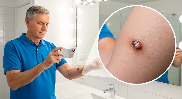 Man checking for skin cancer